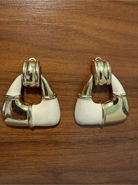 Vintage Givenchy Gold White Enamel Door Knocker Clip On Earrings
